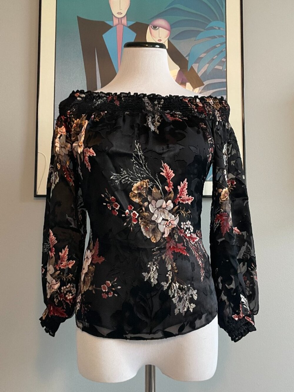 WHBM Gothic Romantic Velvet Burnout Off-Shoulder Long-Sleeve Sheer Floral Top